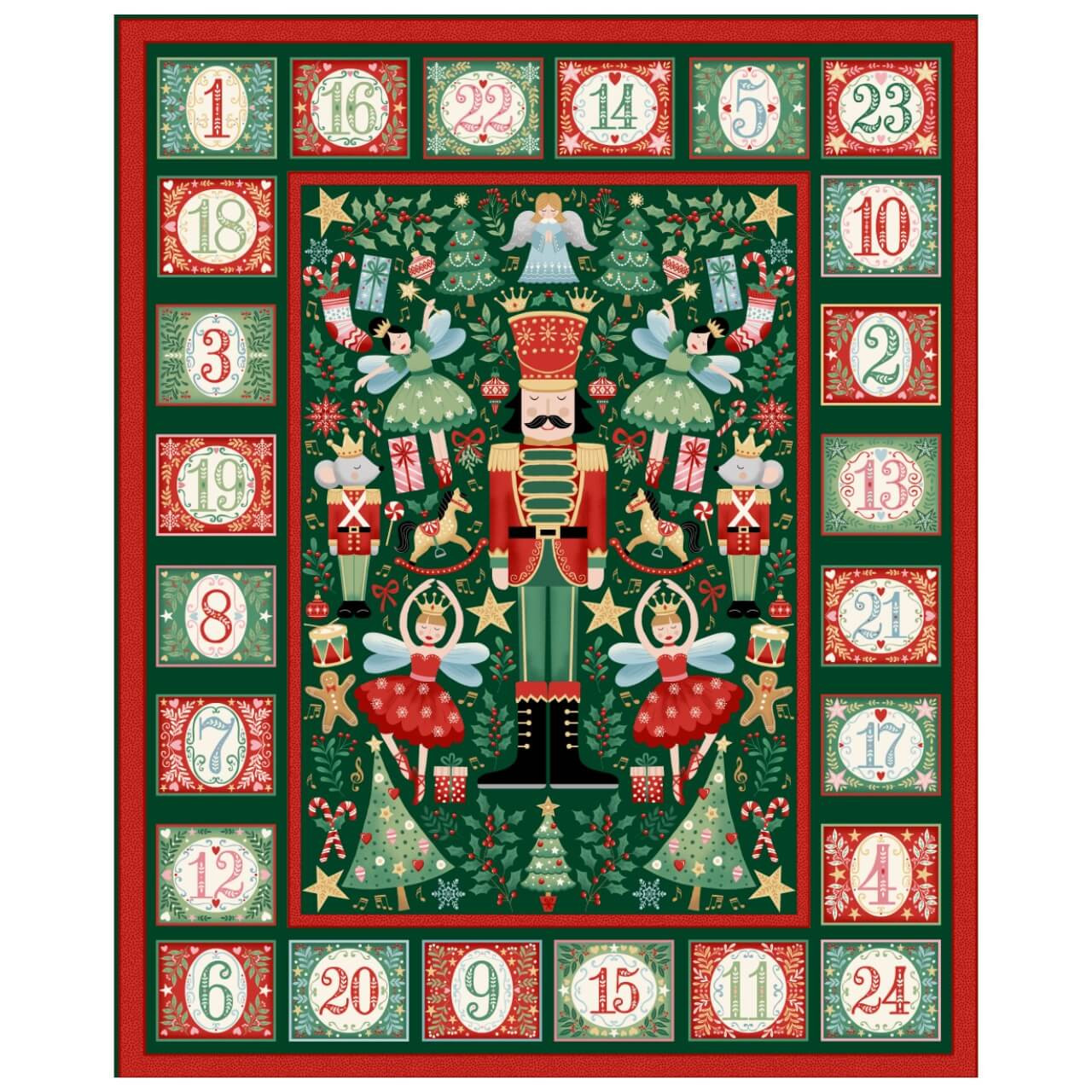 Finished Makower UK The Nutcracker Advent Calendar in green with 24 numbered fabric pockets surrounding a festive Nutcracker, ballerinas and Christmas scene.