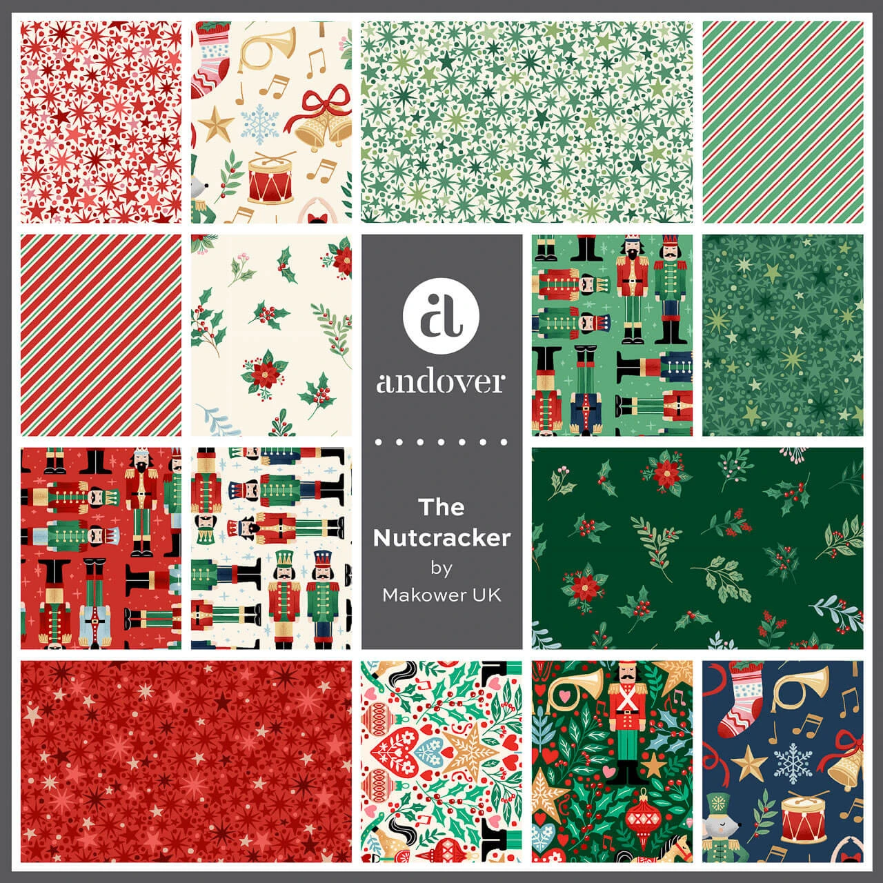 Makower UK The Nutcracker Collection fabric swatches featuring Nutcracker soldiers, festive stars, candy cane stripes, winter foliage and Christmas motifs in red, green, cream and blue.
