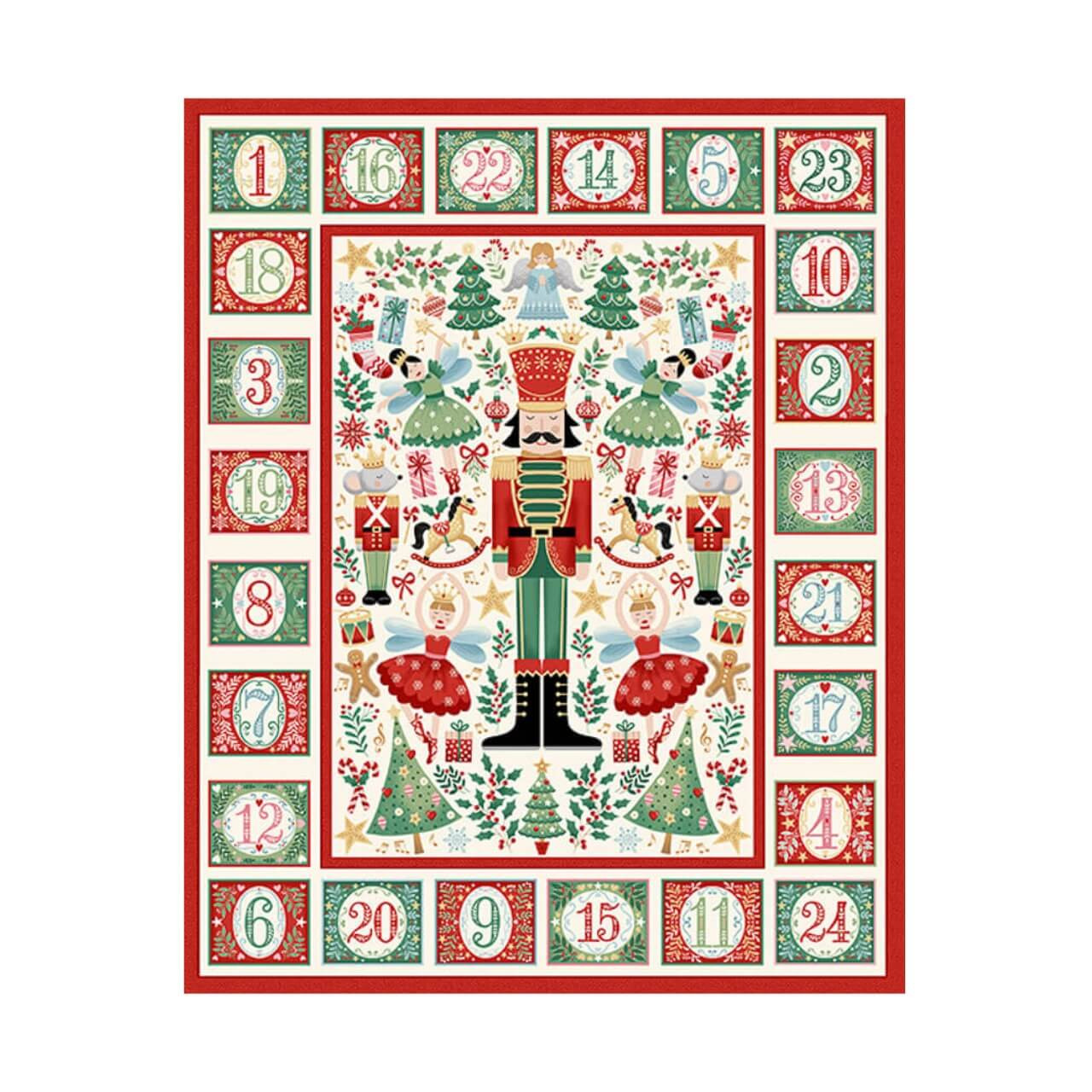 Finished Makower UK The Nutcracker Advent Calendar in cream with 24 numbered pockets surrounding Nutcracker soldiers, ballerinas and festive motifs.