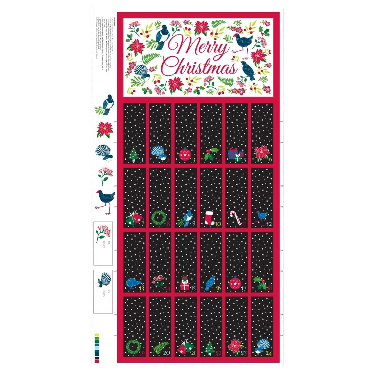 Kiwi Advent Calendar fabric panel by Nutex with Merry Christmas design, 24 numbered pocket sections, New Zealand birds and foliage, and printed sewing instructions.