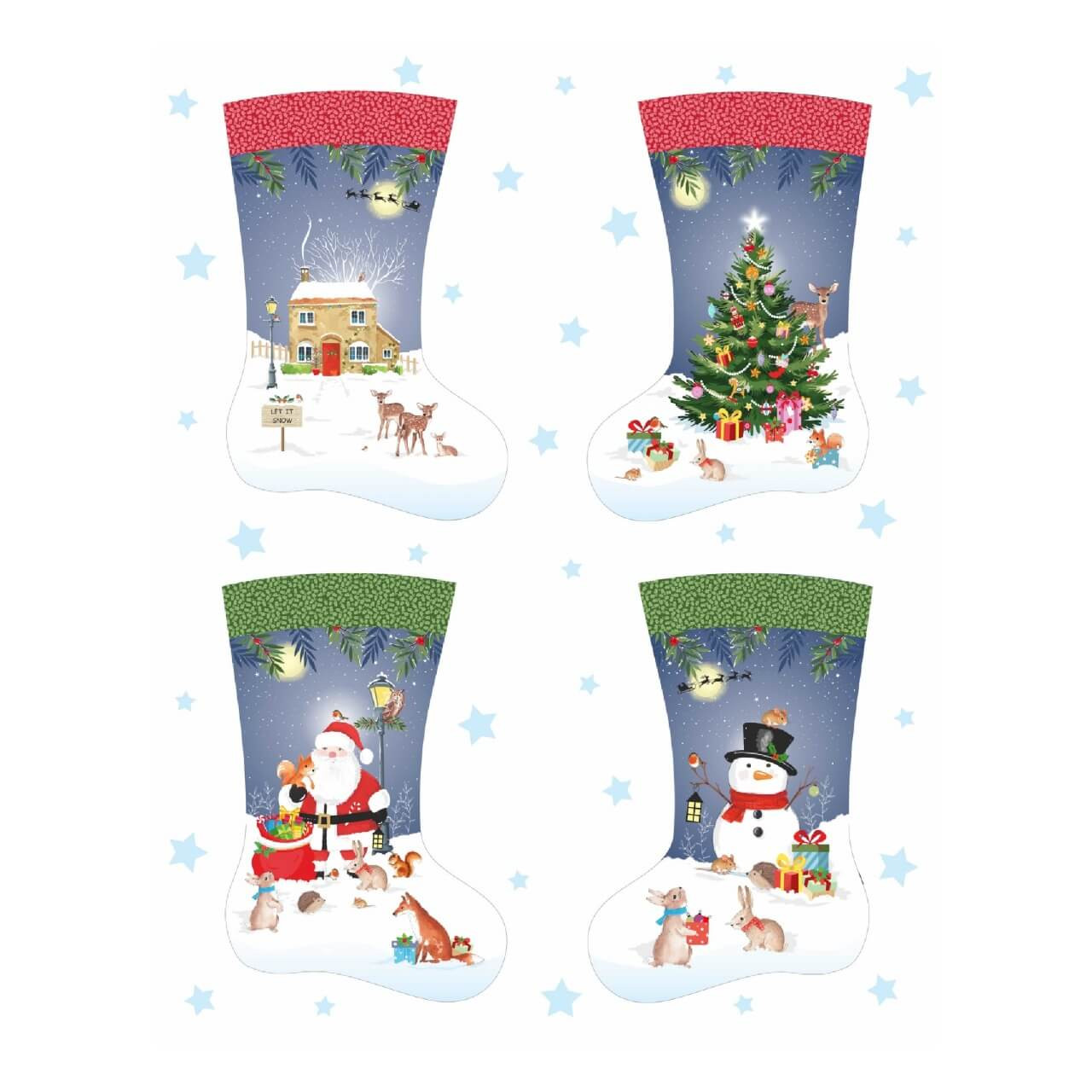 Woodland Christmas Stocking Panel by Nutex with four stocking designs featuring Santa, a snowman, Christmas tree, snowy cottage and woodland animals.