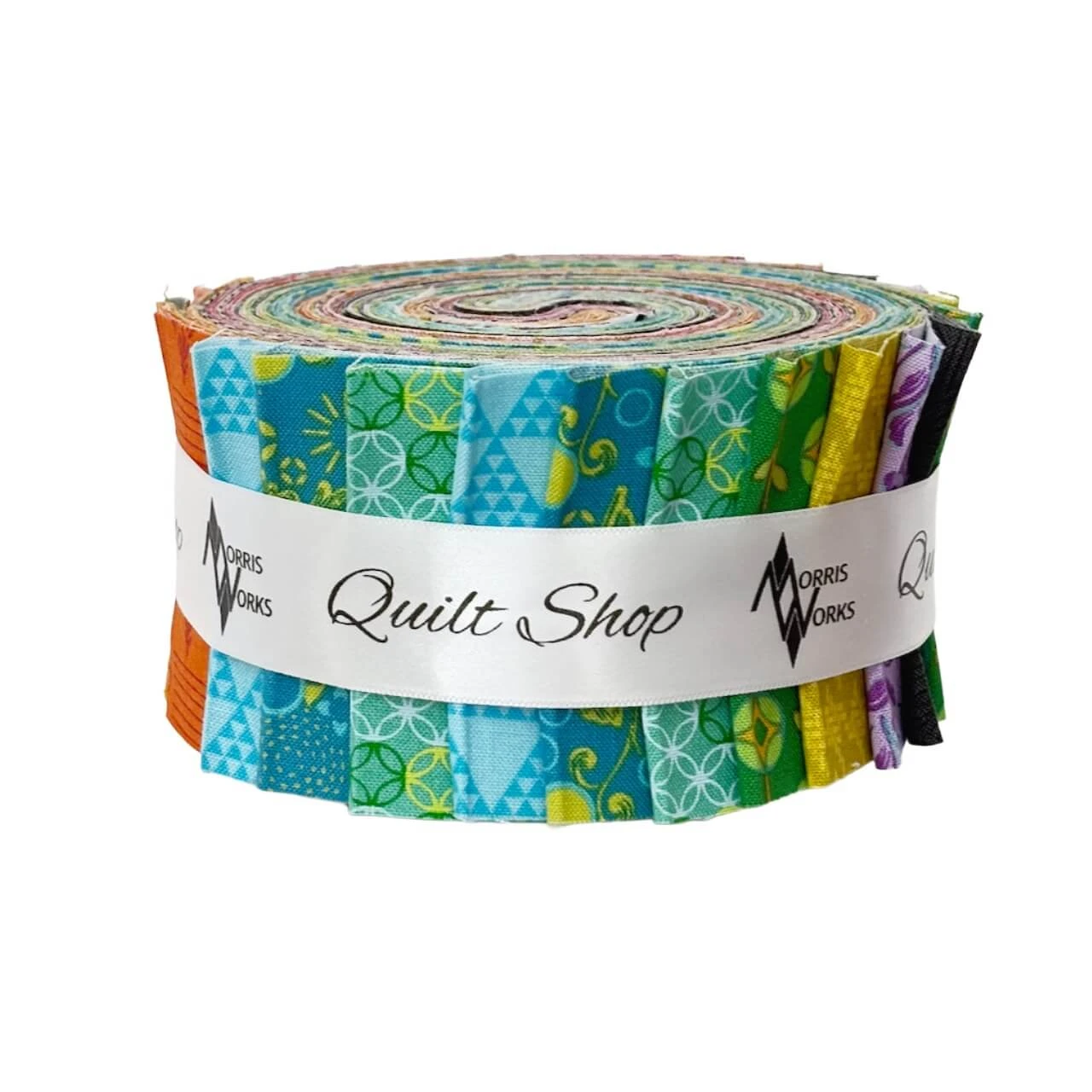 Pop Cloth strip roll by Sew Kind of Wonderful for Free Spirit, showing colourful studio-cut 2.5 inch quilting cotton strips, reverse view