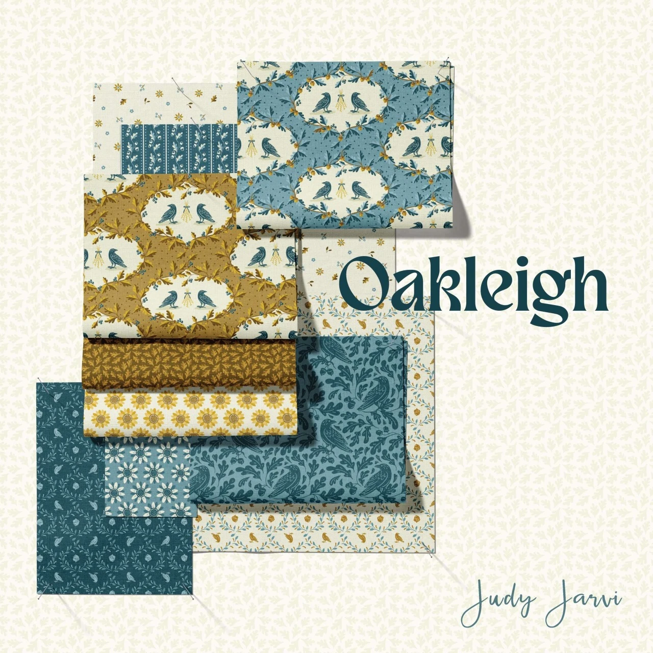 Oakleigh fabric collection by Judy Jarvi for Andover Fabrics featuring birds, oak leaves, sunflowers, florals and folk-inspired prints in blue, gold and cream.