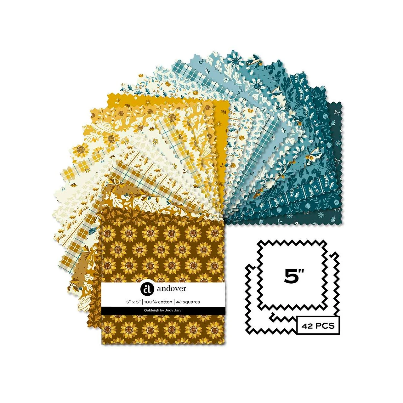 Oakleigh 5 inch charm pack by Judy Jarvi for Andover Fabrics showing 42 manufacturer-cut quilting squares with birds, florals, foliage and checks in teal, blue, gold, cream and brown.