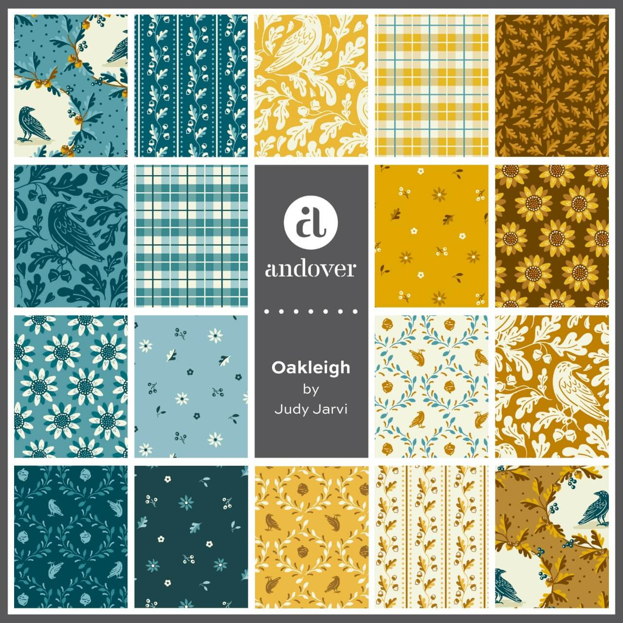 Oakleigh fabric swatches by Judy Jarvi for Andover Fabrics showing the bird, floral, foliage, stripe and plaid prints included in the precut collection.