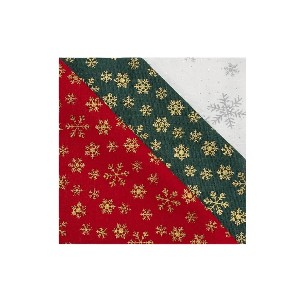 John Louden Christmas fabrics in red, green and white with metallic gold and silver snowflake prints, used in the studio-cut charm pack.