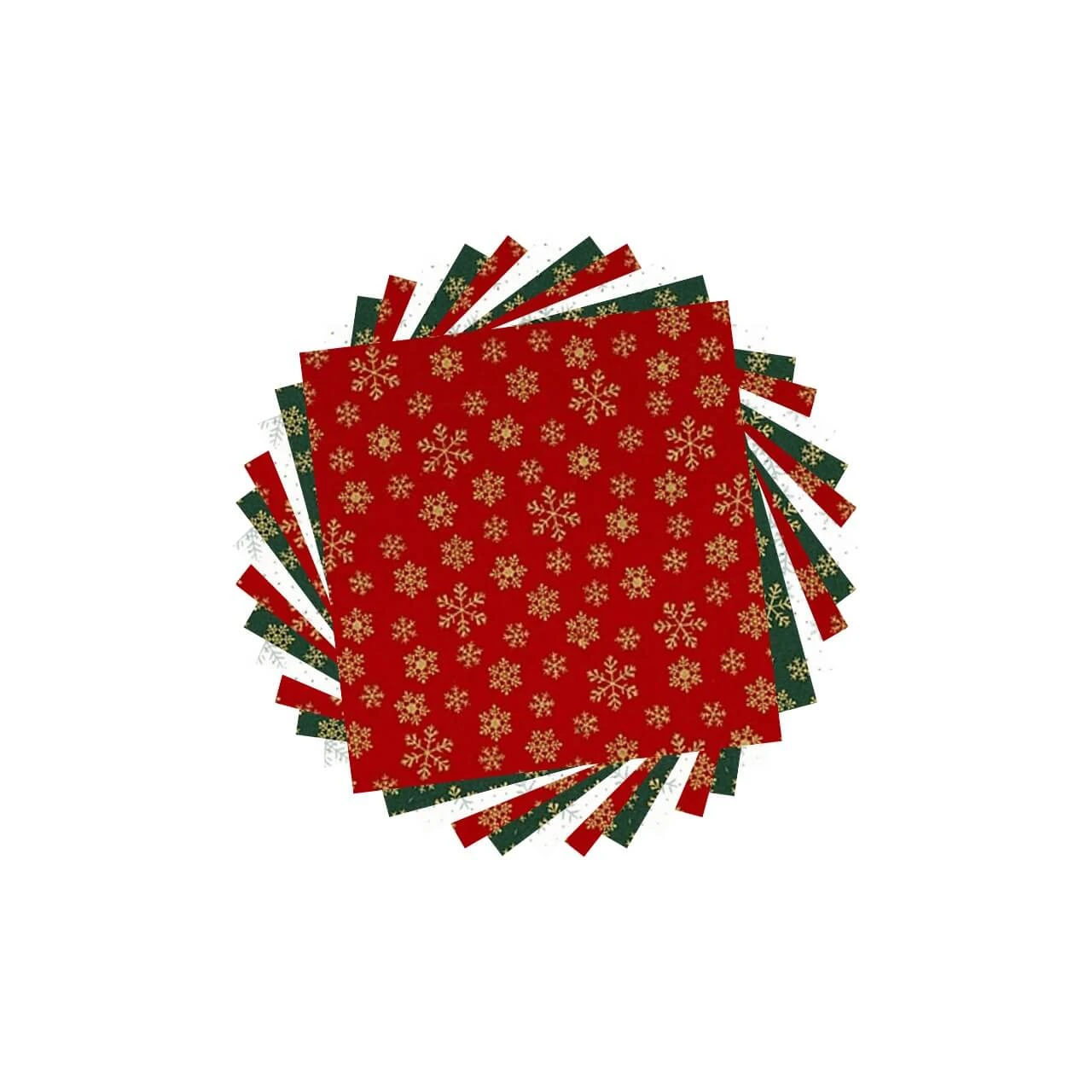 Studio-cut 5 inch Christmas charm pack with 42 John Louden metallic snowflake fabric squares in red, green and white.