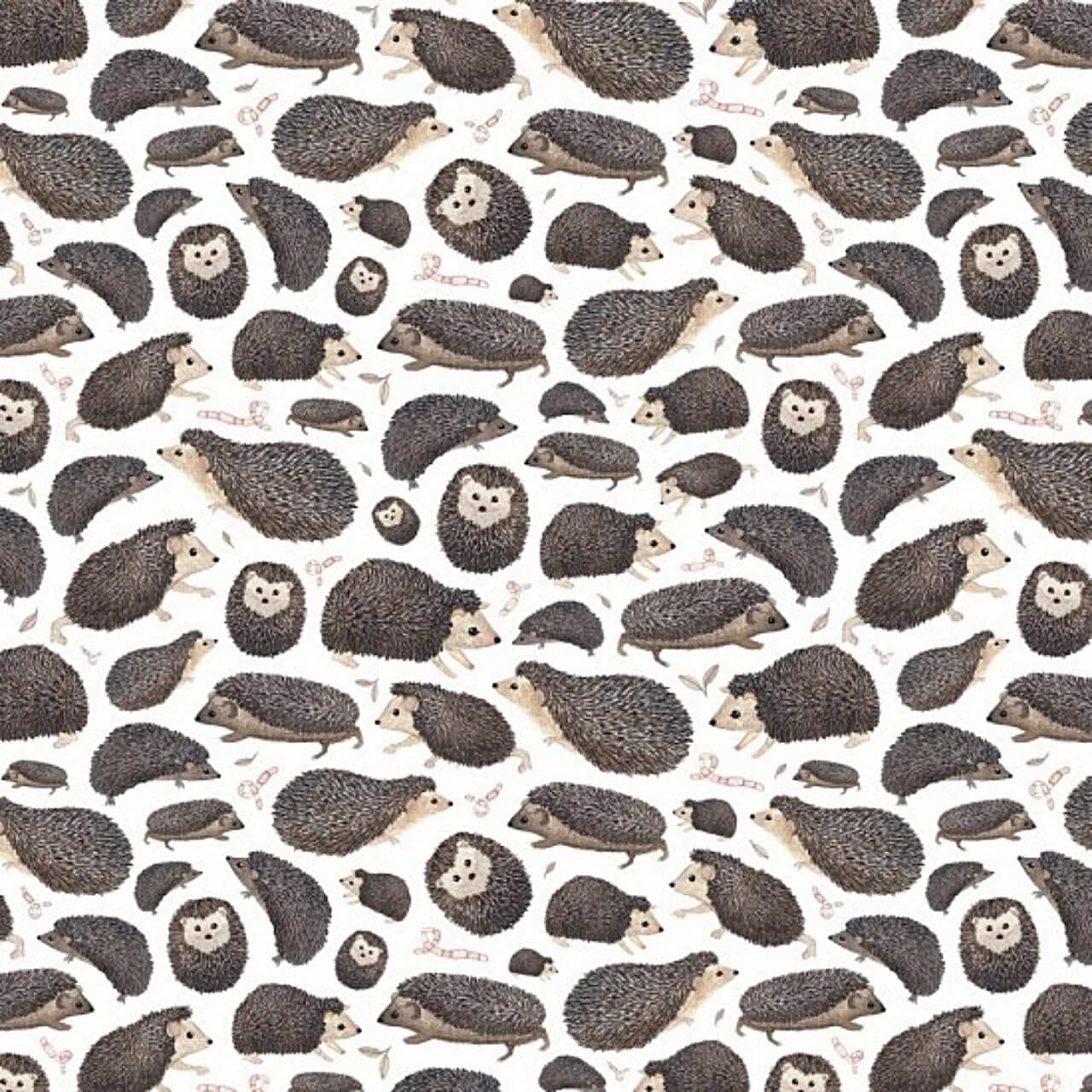 Nutex In The Forest Hedgehogs on White quilting fabric with illustrated brown and charcoal hedgehogs and tiny earthworms on a white background