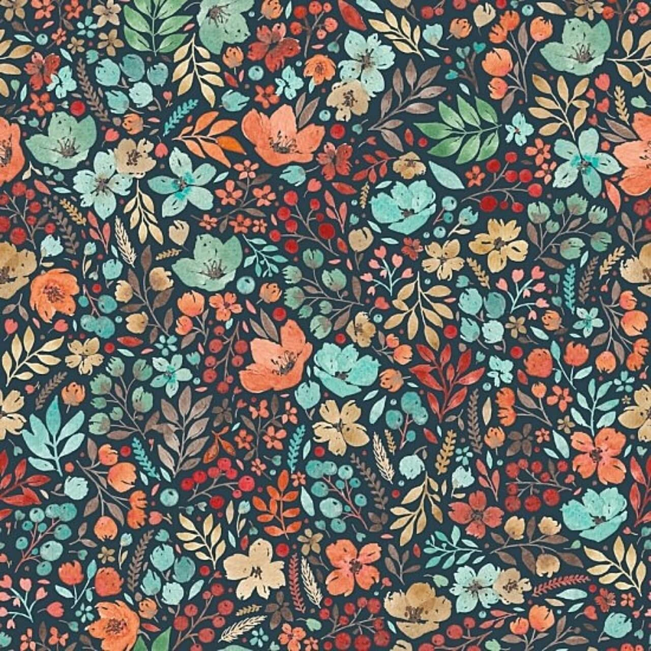 Nutex In The Forest Floral on Navy quilting fabric with aqua, coral, orange and green flowers, berries and foliage on a deep navy background