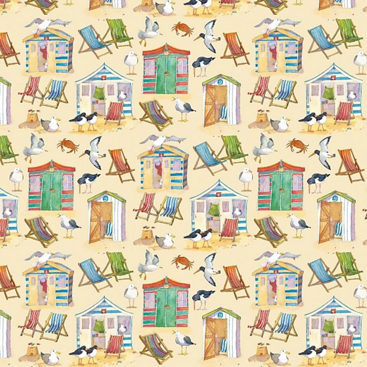 Nutex Beach Huts cotton fabric with colourful striped beach huts, deckchairs, seagulls, shore birds and crabs on a warm cream background