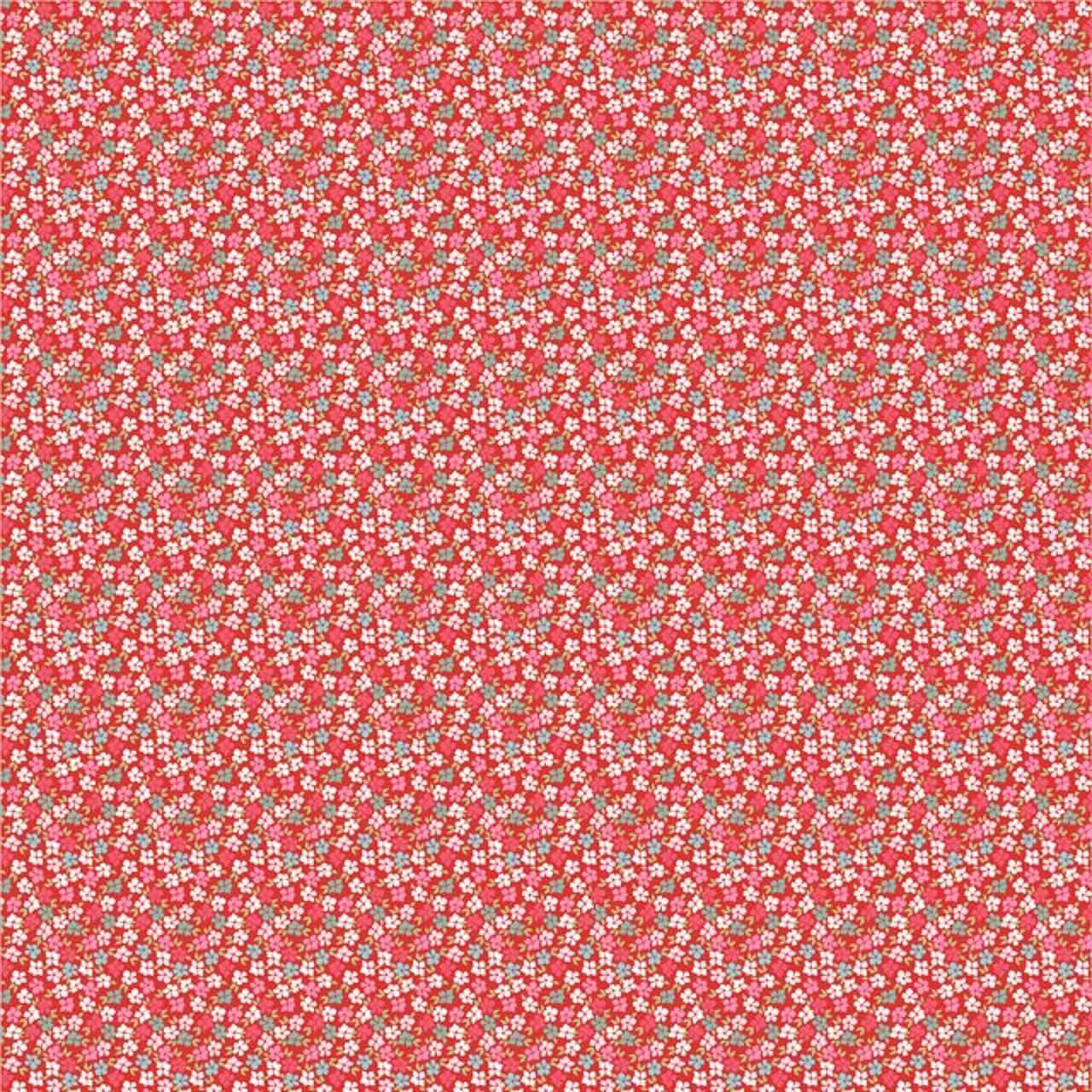 Nutex Smitten Chicken Tiny Flowers Red cotton fabric with densely scattered tiny white, pink, blue and green flowers on a rich red background