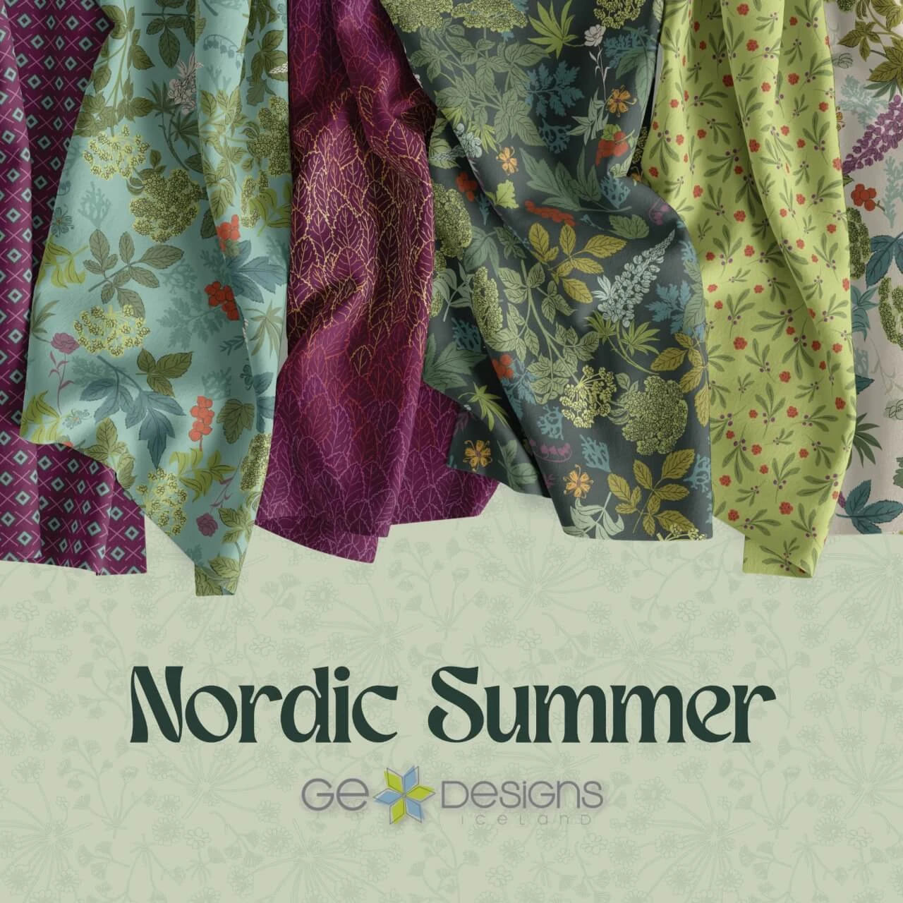 Nordic Summer fabric collection by Gudrun Erla of GE Designs for Andover Fabrics featuring Icelandic-inspired botanicals in blue, green, cream, berry and plum.