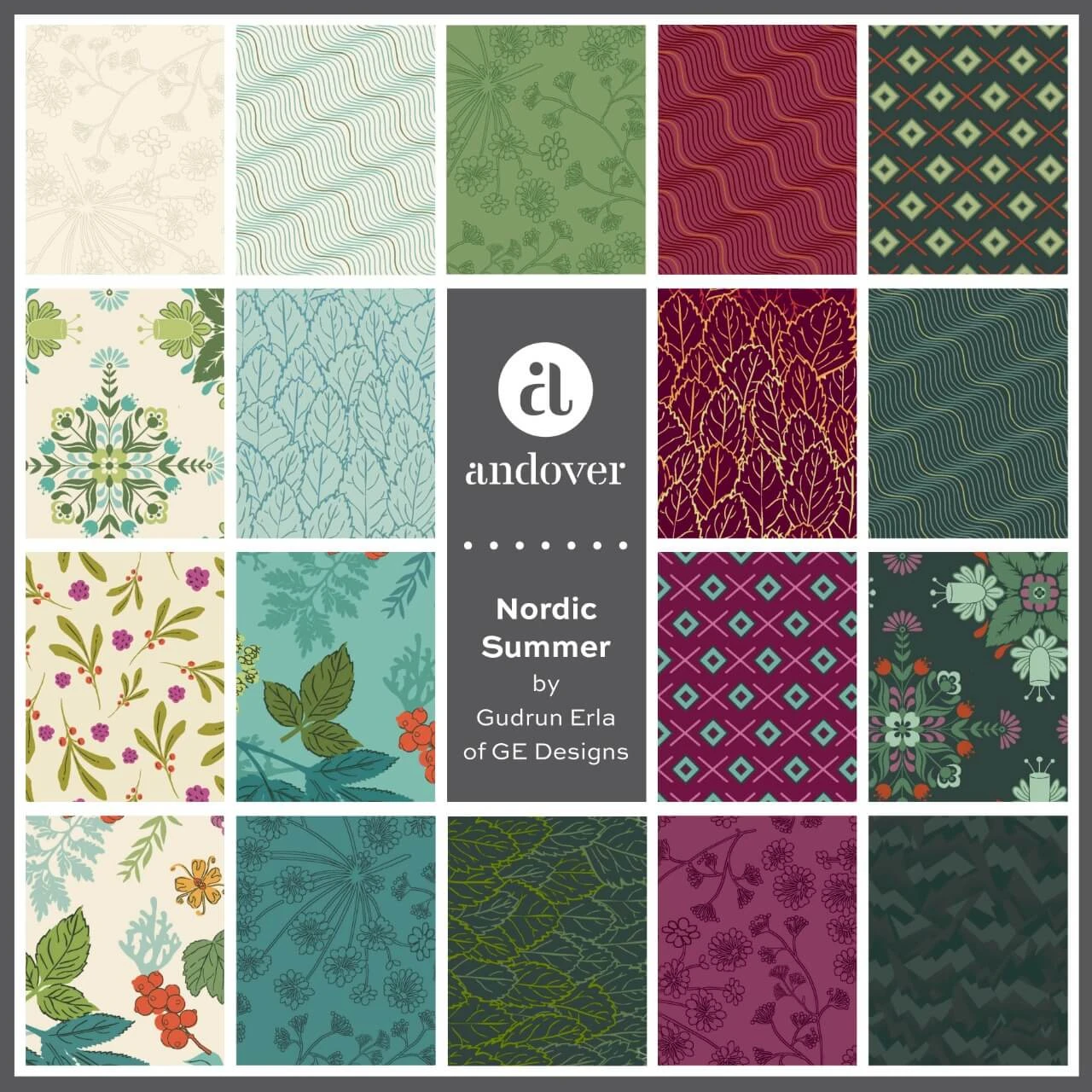 Nordic Summer fabric swatches by Gudrun Erla of GE Designs for Andover Fabrics showing the botanical, foliage, geometric and textured prints included in the precut collection.