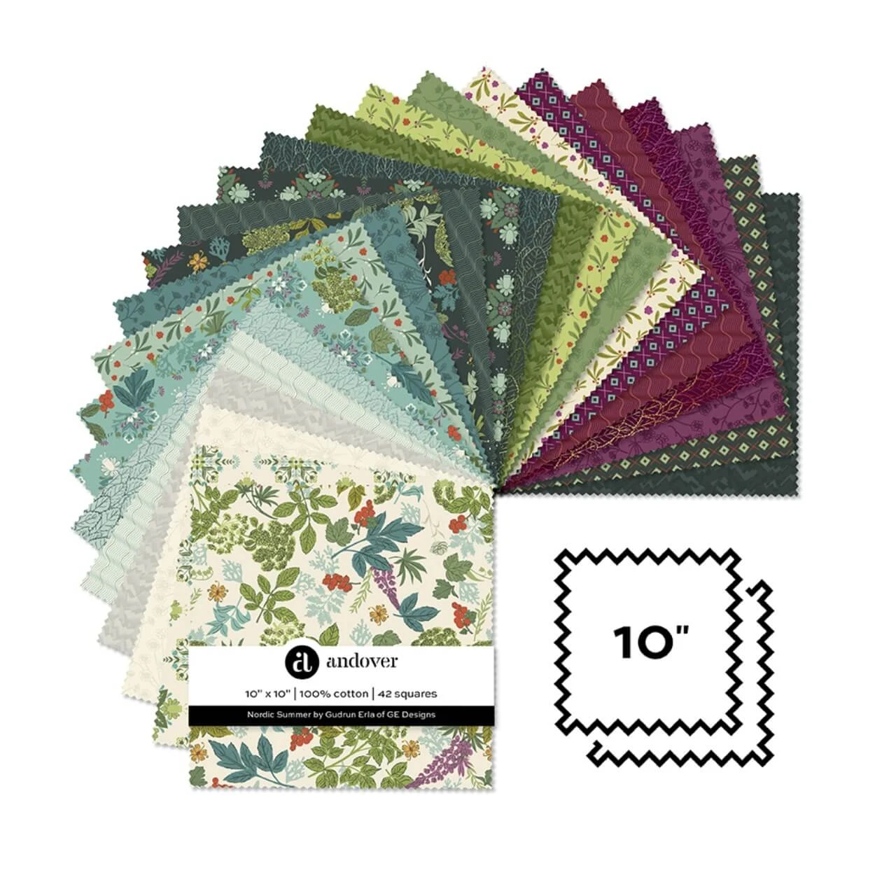 Nordic Summer 10 inch square pack by Gudrun Erla of GE Designs for Andover Fabrics showing 42 manufacturer-cut quilting squares in cream, blue, green, berry and plum.