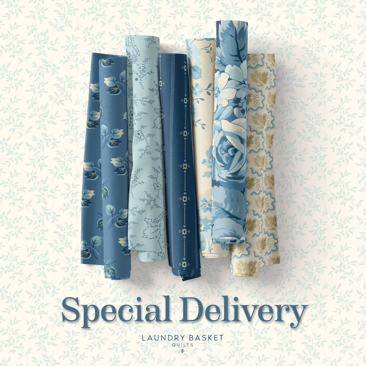 Special Delivery fabric collection by Laundry Basket Quilts for Andover Fabrics featuring classic floral and small-scale prints in blue, navy, cream and soft beige.