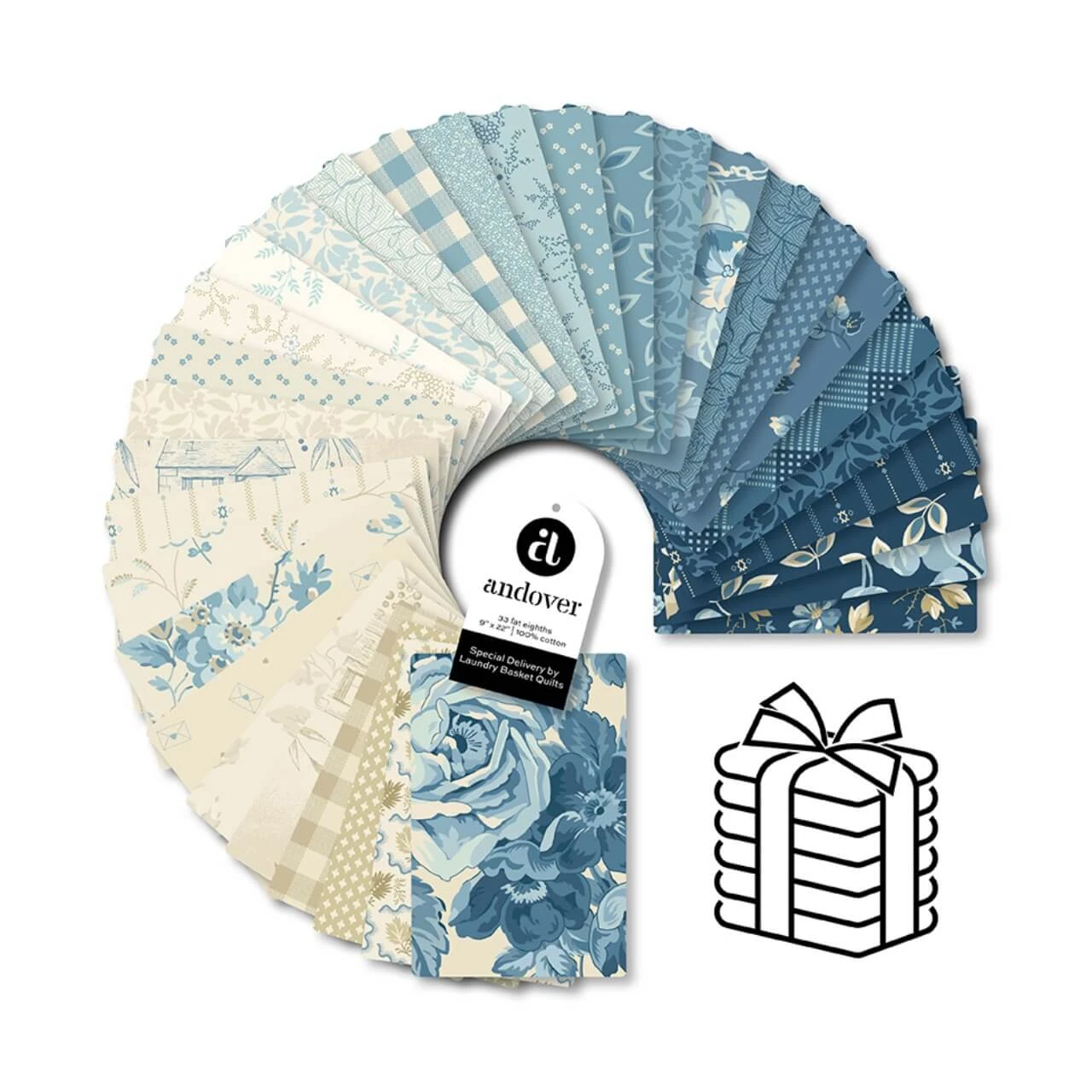 Special Delivery 33-piece fat quarter collection by Laundry Basket Quilts for Andover Fabrics, with blue, navy, cream and beige quilting fabrics.