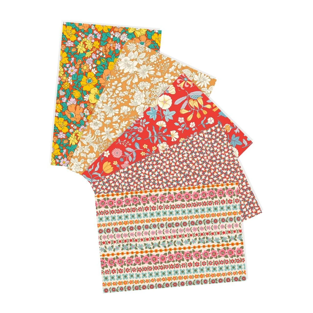 Marigold & Poppy Liberty fat quarter bundle with five coordinating red, golden yellow, orange, pink and turquoise floral Lasenby Cotton fabrics curated by Morris Works