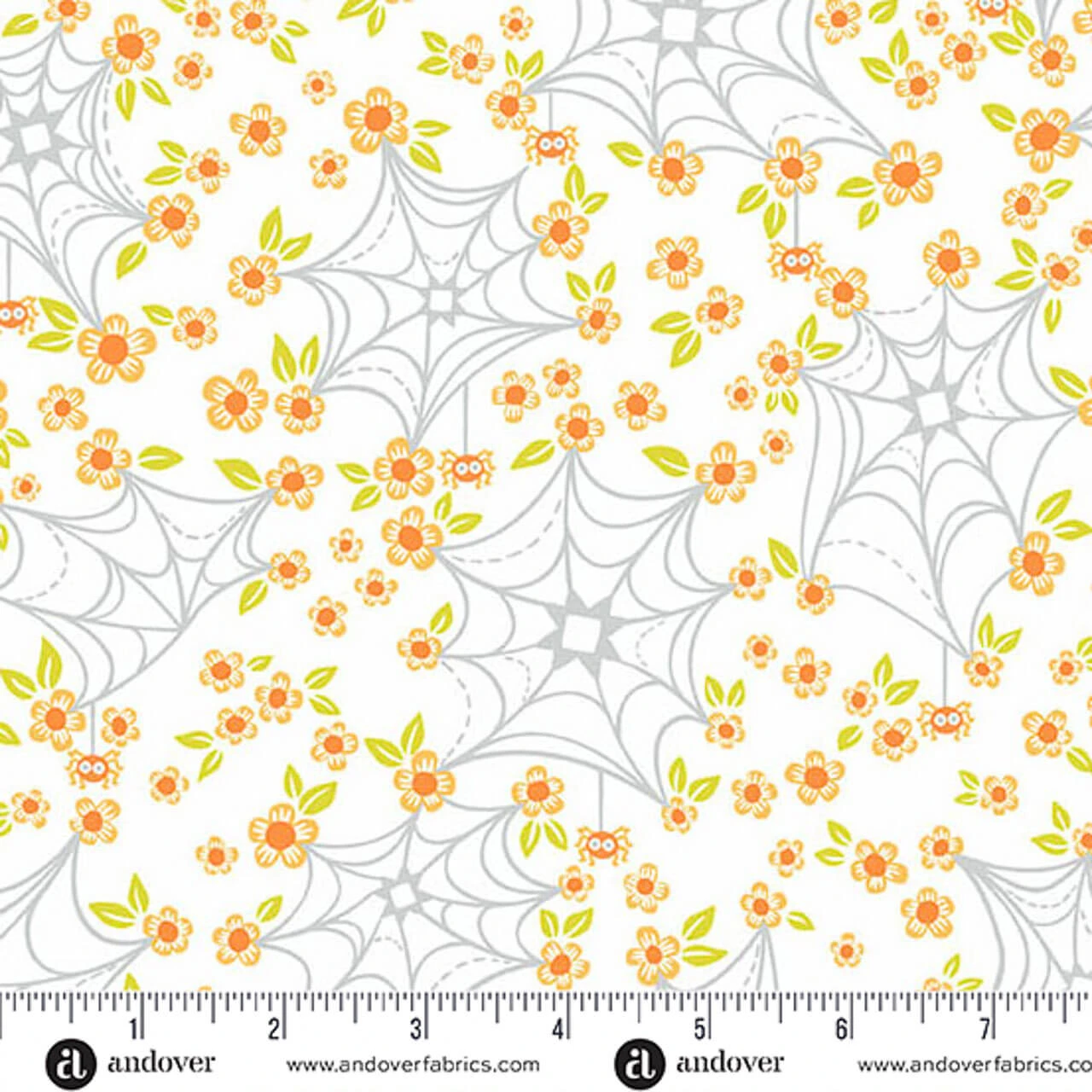 Andover Fabrics Ghostly Garden Web & Bloom in White cotton fabric with grey spiderwebs, orange flowers, green leaves and tiny spiders, shown with ruler for scale