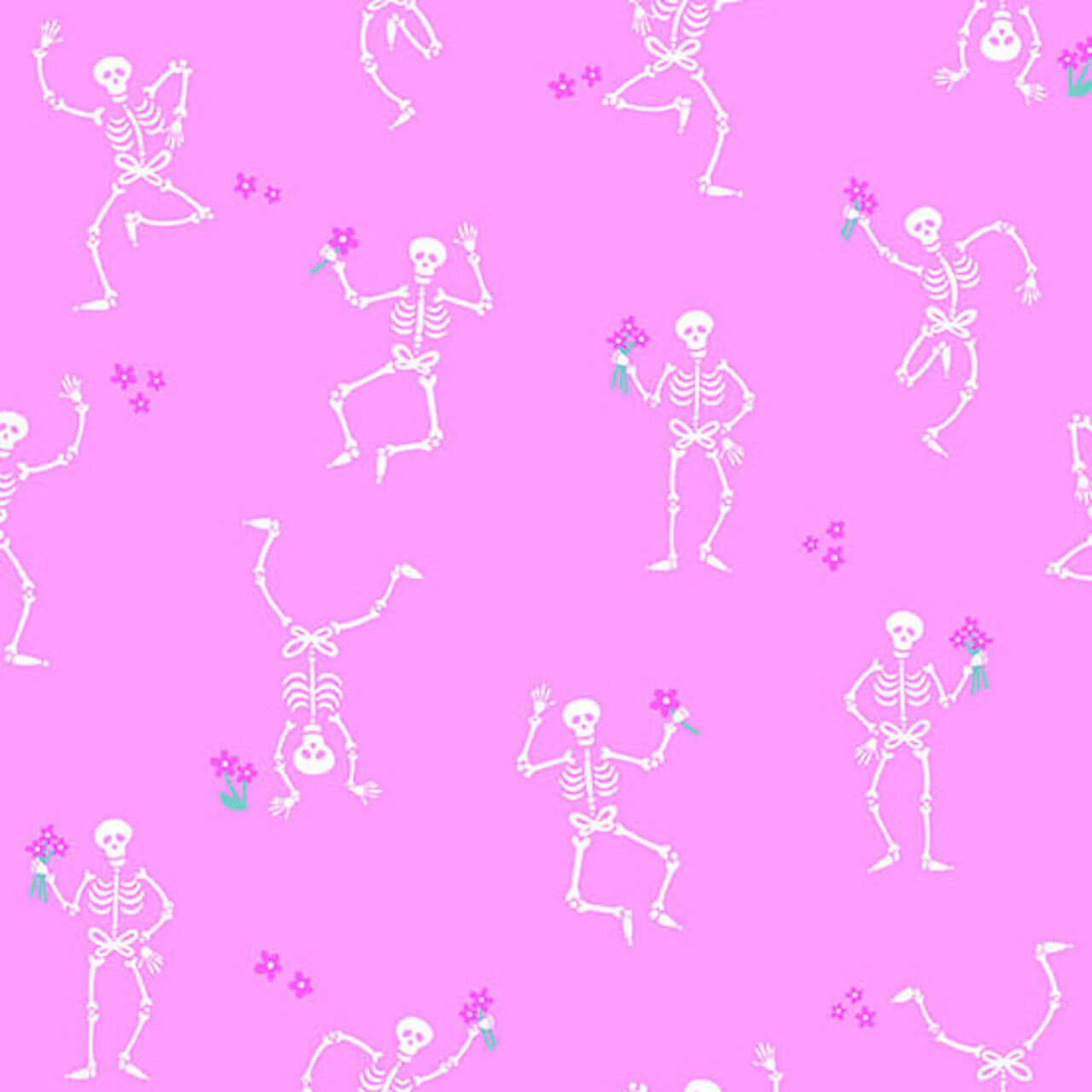 Andover Fabrics Ghostly Garden Skeleton Jig in Pink cotton fabric with dancing white skeletons, deep pink flowers and turquoise-green details on bright pink