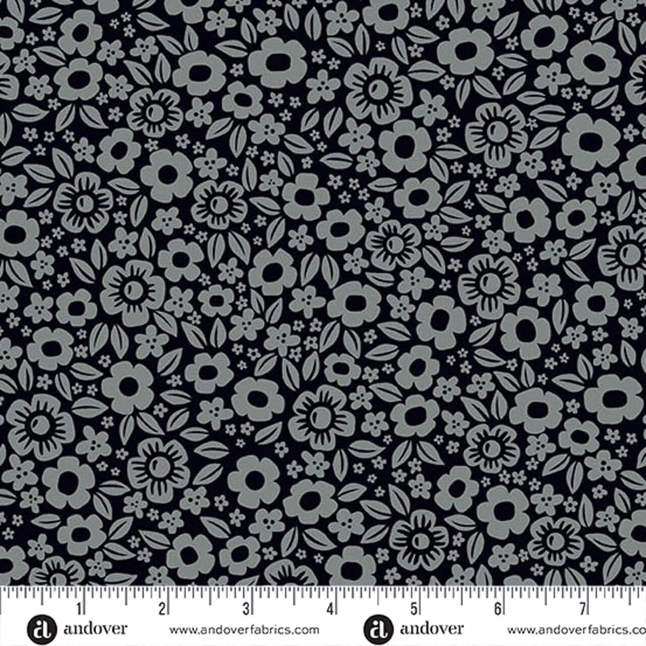 Andover Fabrics Ghostly Garden Floral Fright in Black cotton fabric with grey flowers and leaves on deep black, shown with ruler for scale