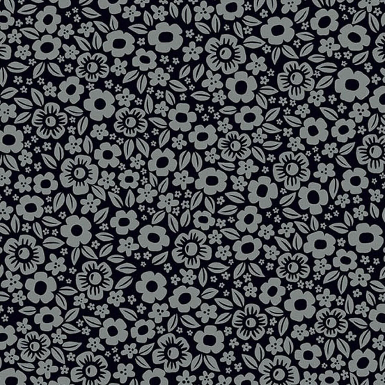 Andover Fabrics Ghostly Garden Floral Fright in Black cotton fabric with silvery grey flowers, tiny blossoms and leaves on a deep black background