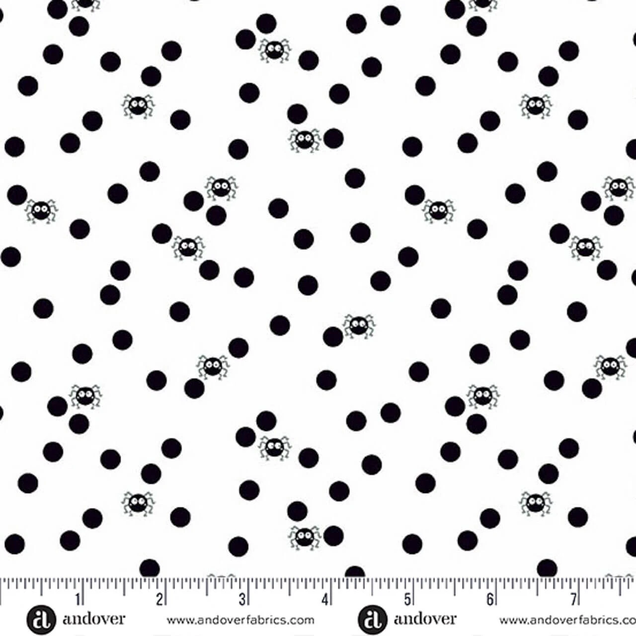 Andover Fabrics Ghostly Garden Spin and Spot in White cotton fabric with black spots and tiny spiders on white, shown with ruler for scale