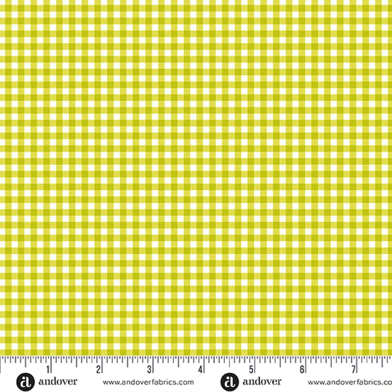 Andover Fabrics Ghostly Garden Bitty Gingham Green cotton fabric with a tiny green and white gingham check, shown with ruler for scale