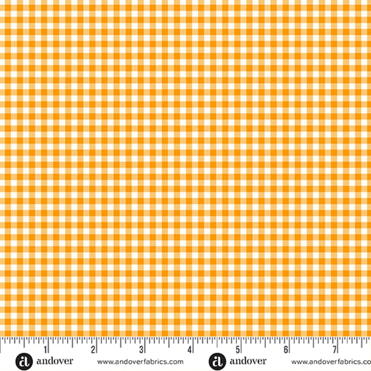 Andover Fabrics Ghostly Garden Bitty Gingham Orange cotton fabric with small orange and white gingham check, shown with ruler for scale