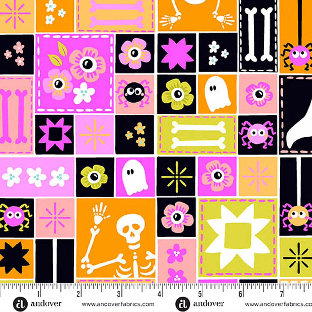 Andover Fabrics Ghostly Garden Sew Spooky Pink cotton fabric with colourful Halloween patchwork design, shown with ruler for scale