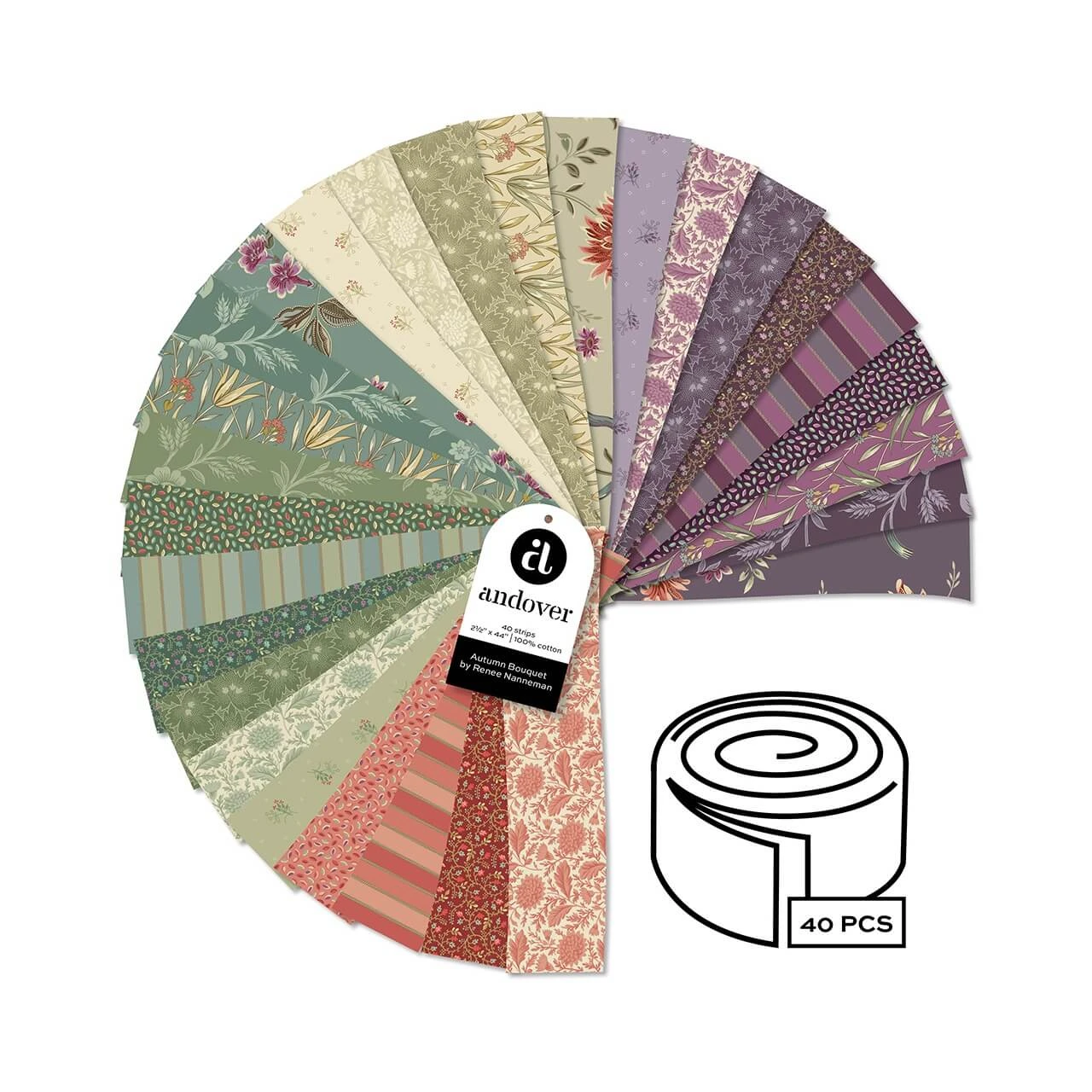 Autumn Bouquet 40-piece 2.5 inch strip roll by Renee Nanneman for Andover Fabrics, showing coordinating floral and botanical quilting fabrics.