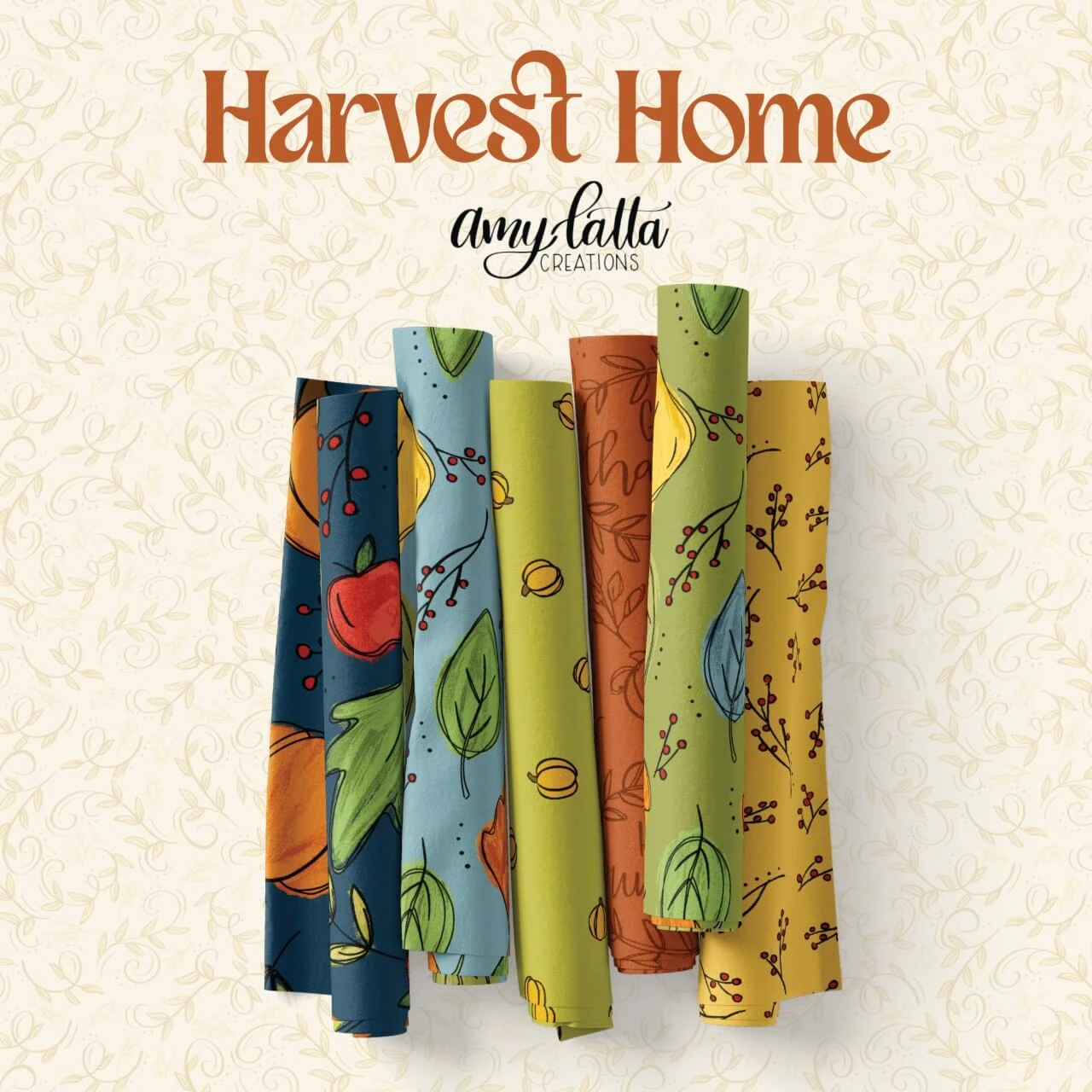 Harvest Home fabric collection by Amy Latta showing colourful autumn pumpkin, apple, leaf and berry prints