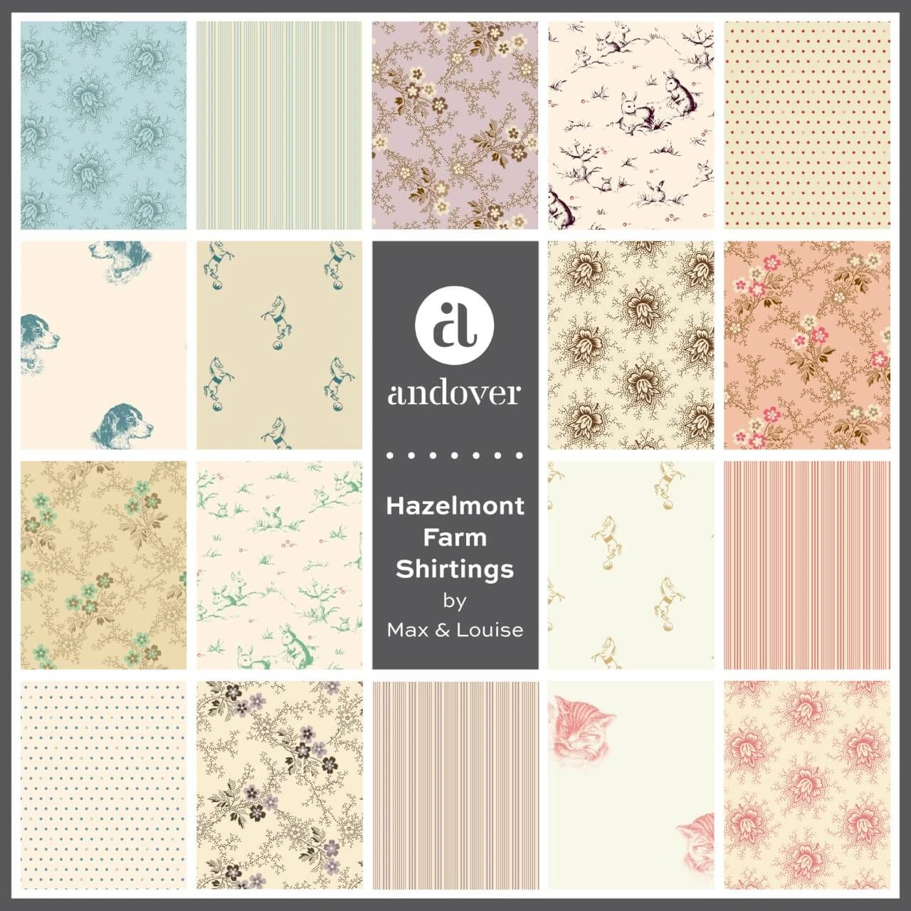 Hazelmont Farm Shirtings fabric swatches with rabbits, cats, dogs, florals, stripes and dots in soft vintage colours