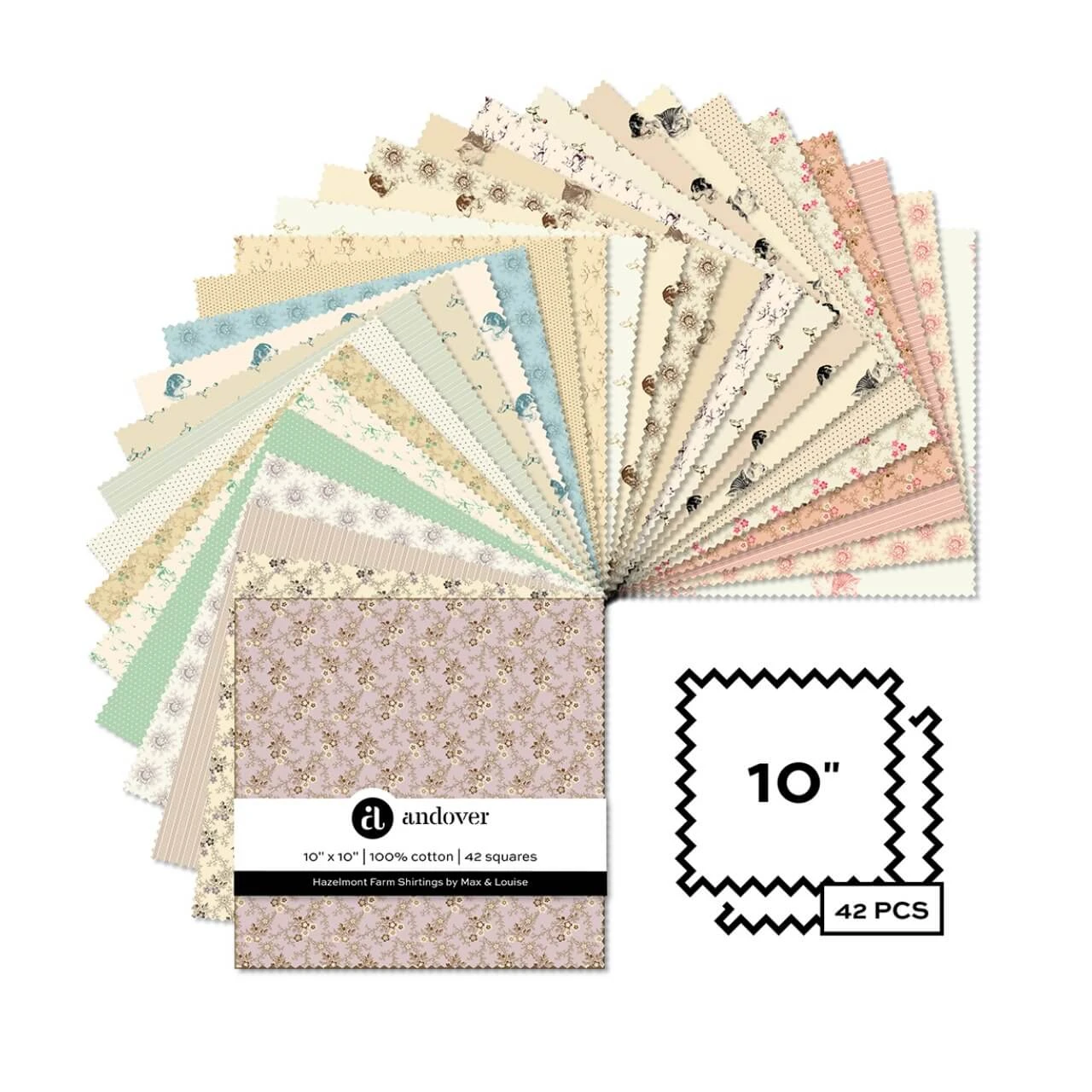 Hazelmont Farm Shirtings 10 inch square pack by Max and Louise for Andover Fabrics with 42 precut cotton squares