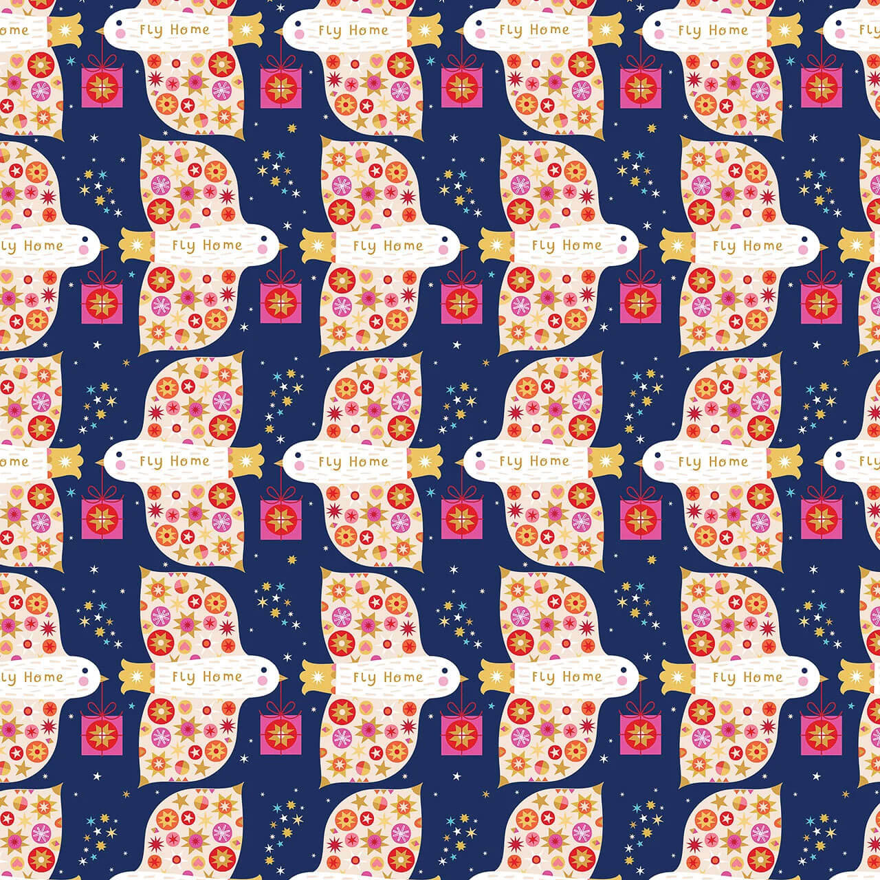 Thread & Ink Designs Home For Christmas Flying Home fabric in navy with white patterned festive birds, colourful stars and wrapped Christmas presents