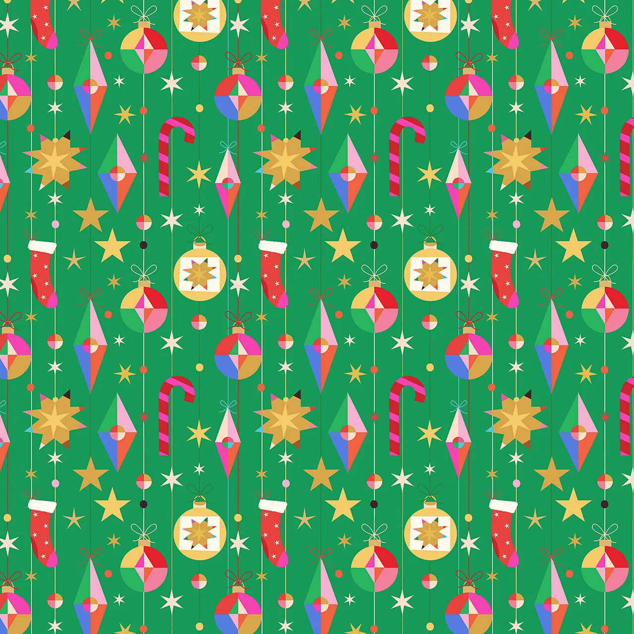 Thread & Ink Designs Home For Christmas Deck The Tree fabric in green with colourful hanging baubles, stars, candy canes and Christmas stockings