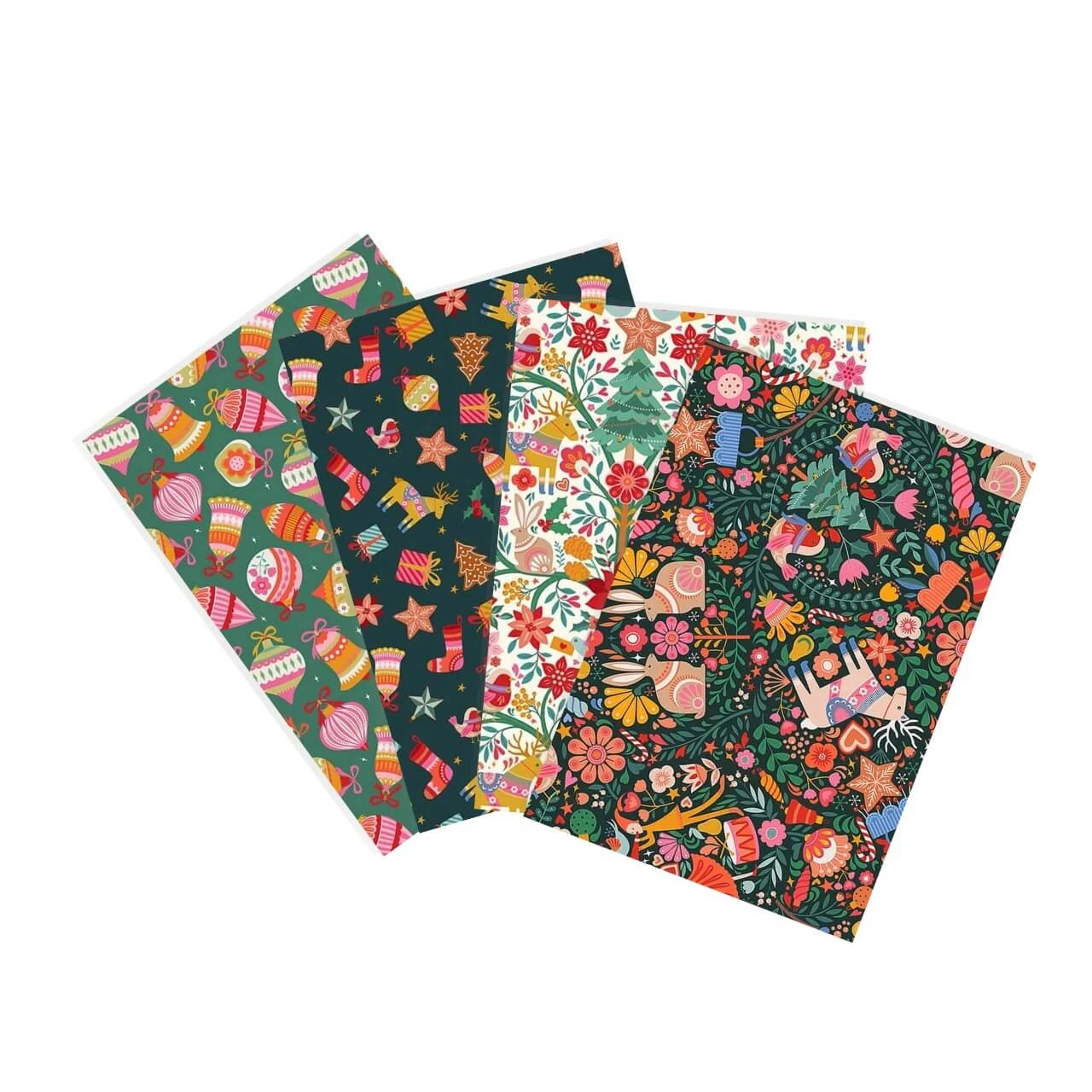 Festive Folk Deck the Halls four-piece fat quarter bundle with colourful baubles, festive motifs, woodland animals, flowers and foliage