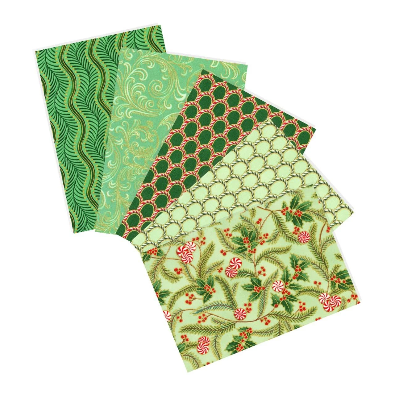 Wintergreen five-piece fat quarter bundle from Robert Kaufman Peppermint Twist with green, mint and cream prints, peppermint motifs, holly and metallic gold details