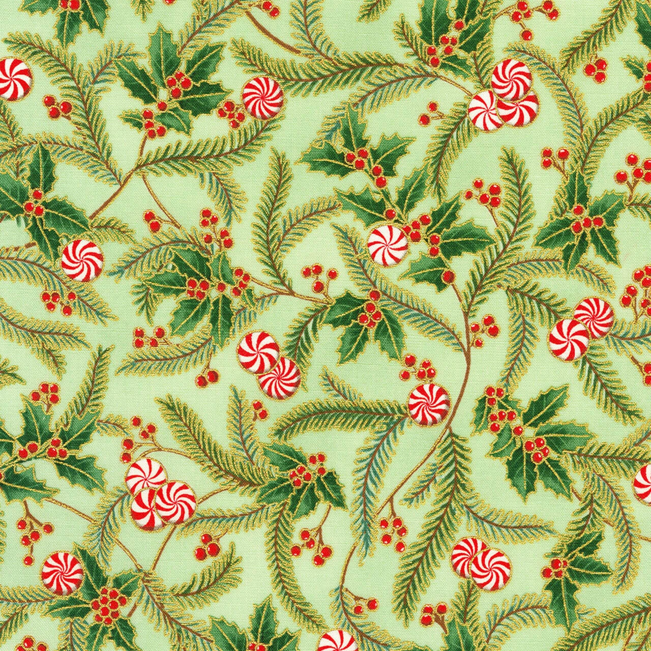 Robert Kaufman Fabrics Peppermint Twist “Peppermint Holly Sage” — sage green with holly leaves, berries, evergreen sprigs and red peppermint sweets, gold metallic accents.