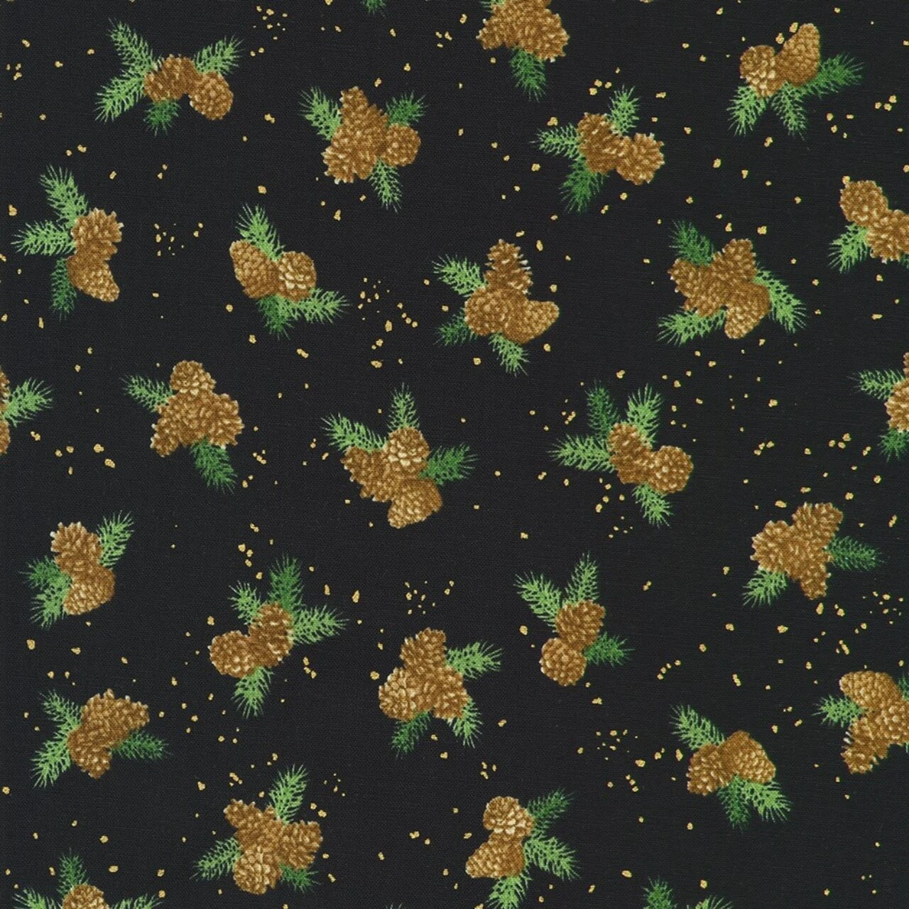 Robert Kaufman Holiday Flourish Pinecones on Black cotton fabric with golden-brown pinecones, green evergreen needles and scattered metallic gold flecks on black