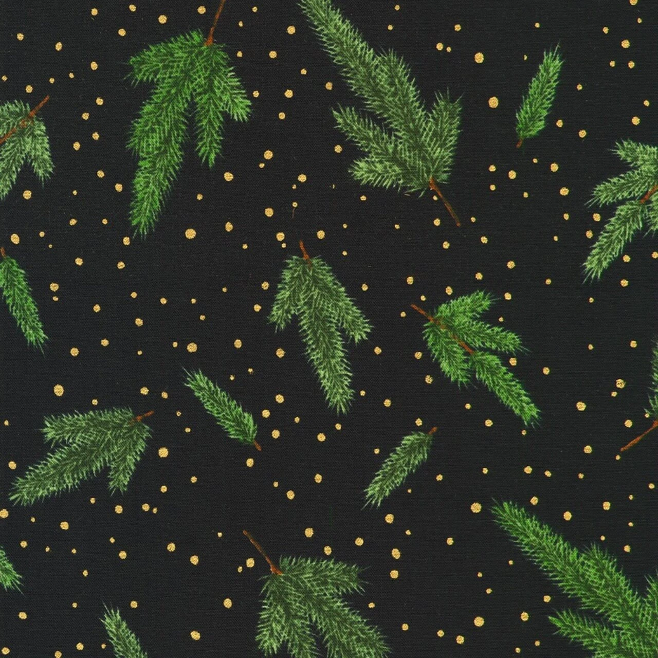 Robert Kaufman Holiday Flourish Pine Sprigs on Black cotton fabric featuring detailed green evergreen branches and scattered metallic gold dots on black