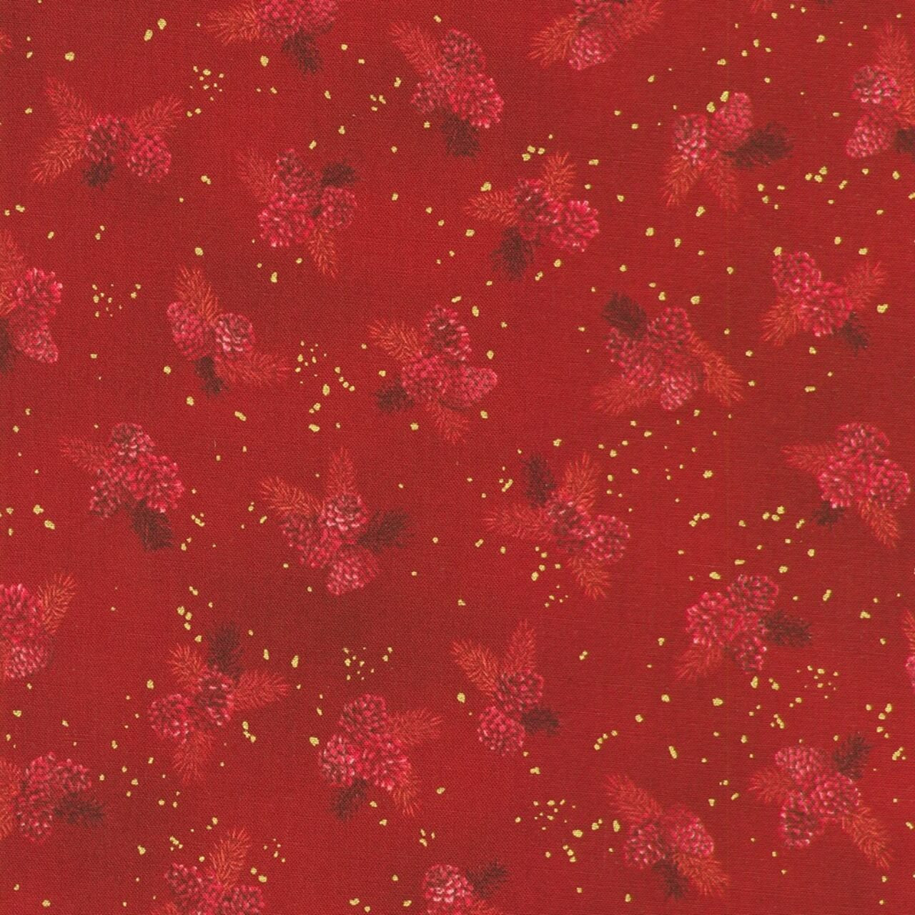 Robert Kaufman Holiday Flourish Tonal Pinecones in Cranberry cotton fabric with red and burgundy pinecones, pine needles and metallic gold flecks on cranberry red
