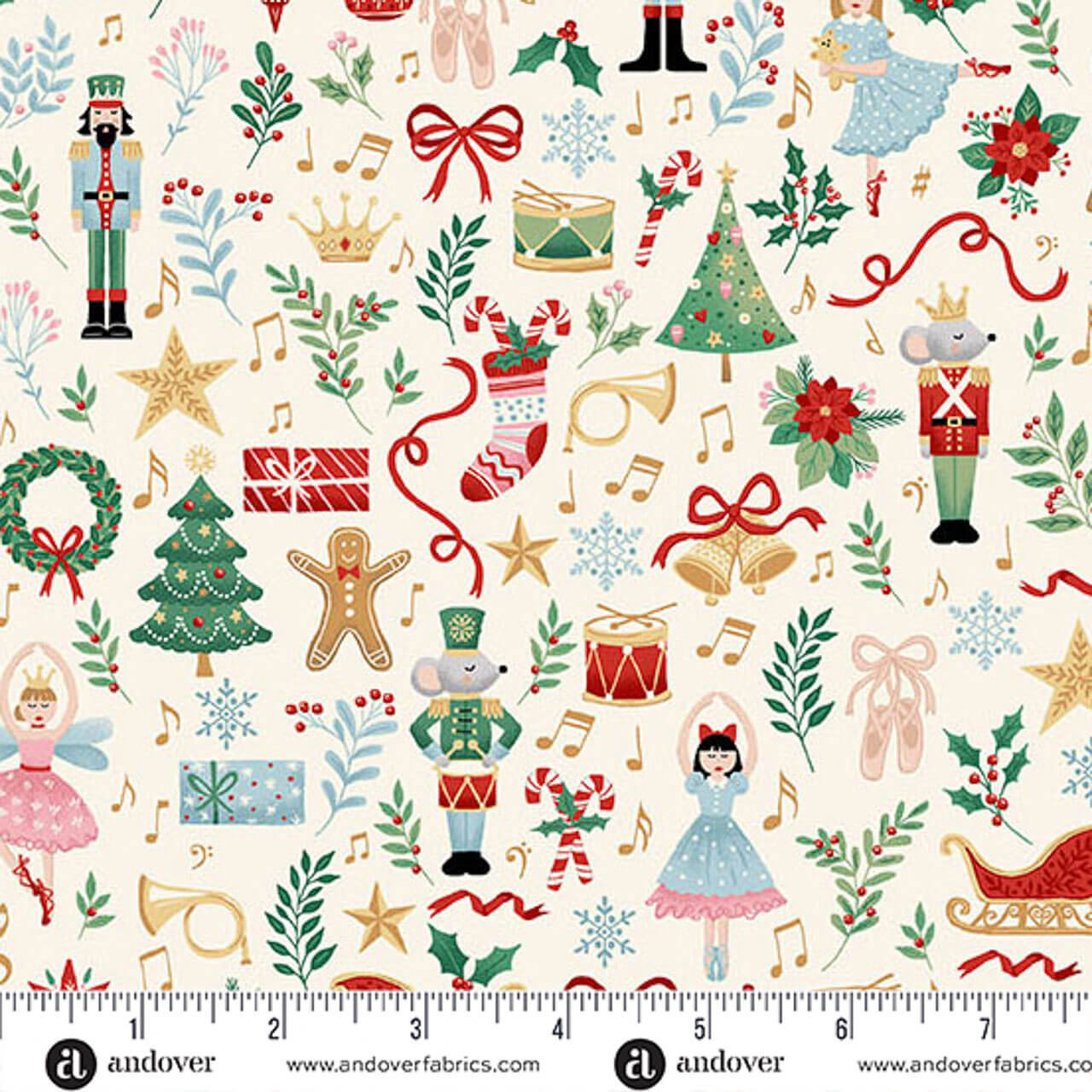 Makower UK The Nutcracker Collection Fairytale Cream fabric with Nutcrackers, ballerinas, trees and festive motifs on cream, shown with a ruler for scale.
