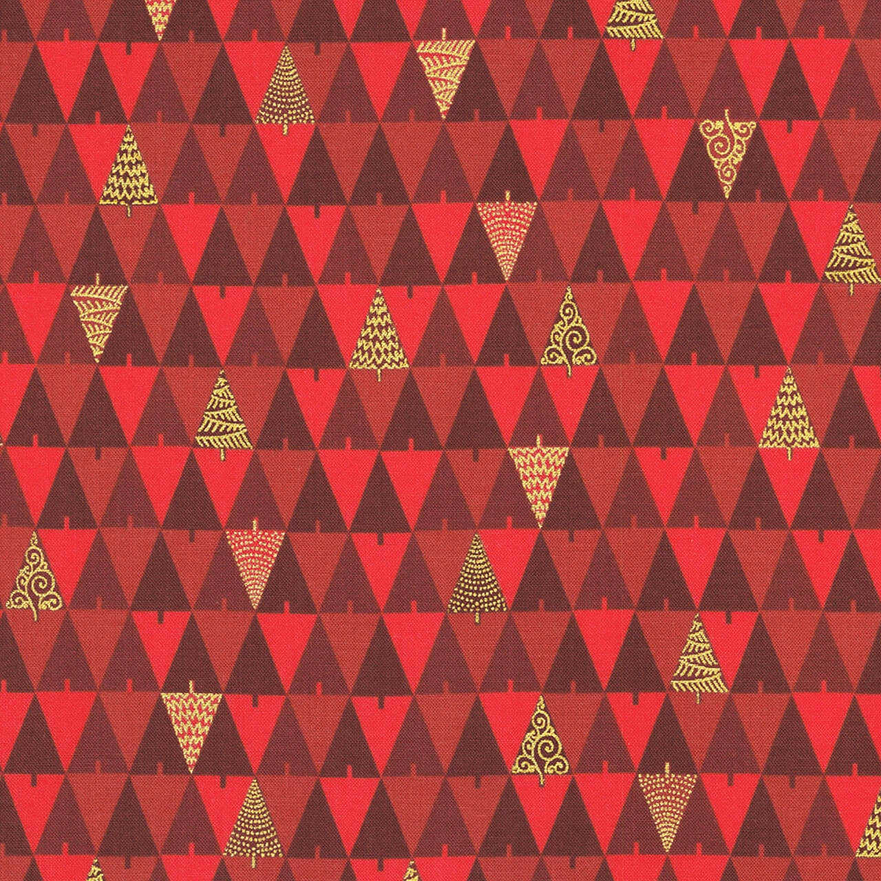 Robert Kaufman Fabrics Peppermint Twist “Geo Trees Crimson” — crimson and wine red geometric triangles with scattered metallic gold Christmas tree motifs.