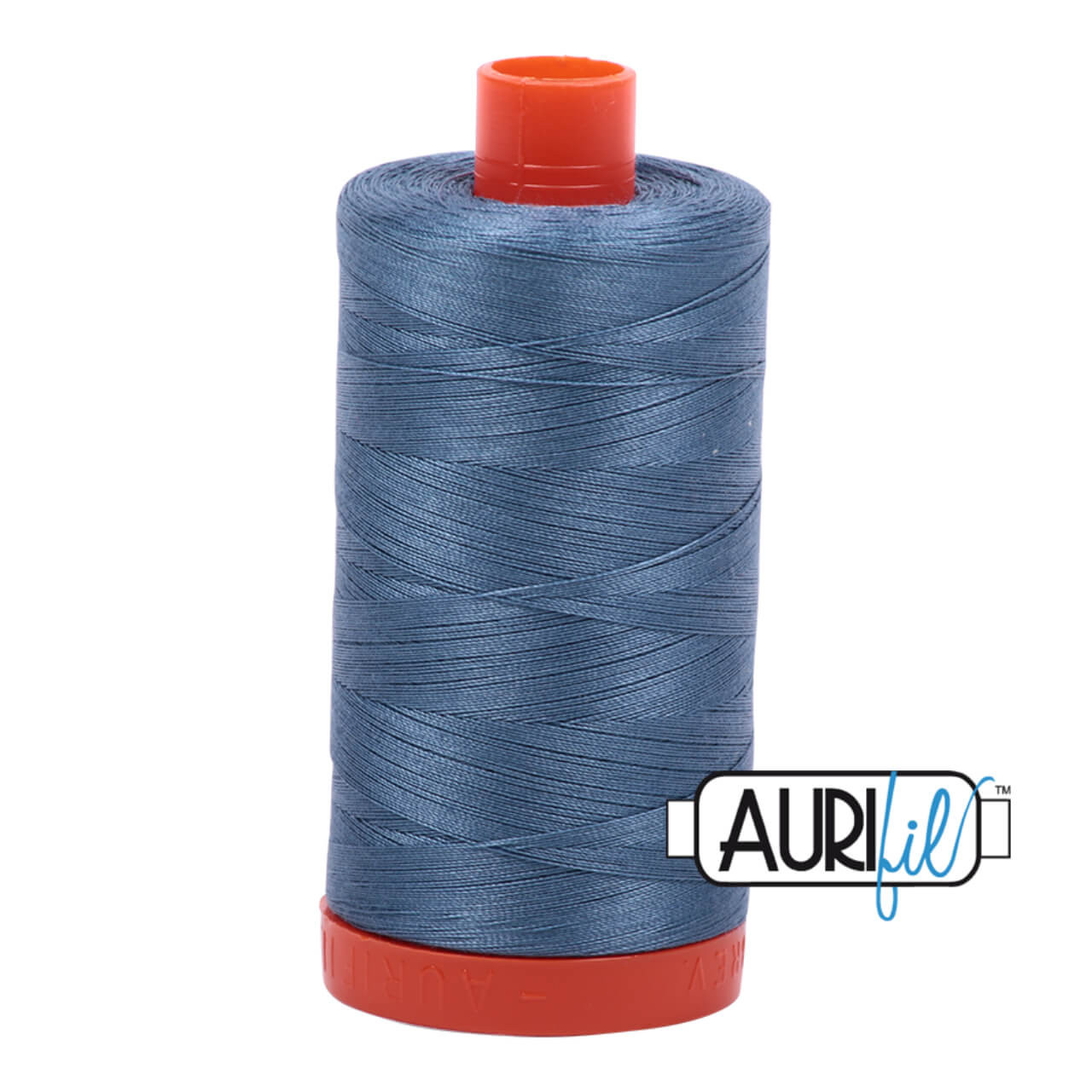 Large spool of Aurifil Blue Grey 50wt Egyptian cotton thread on orange spool with Aurifil Logo.