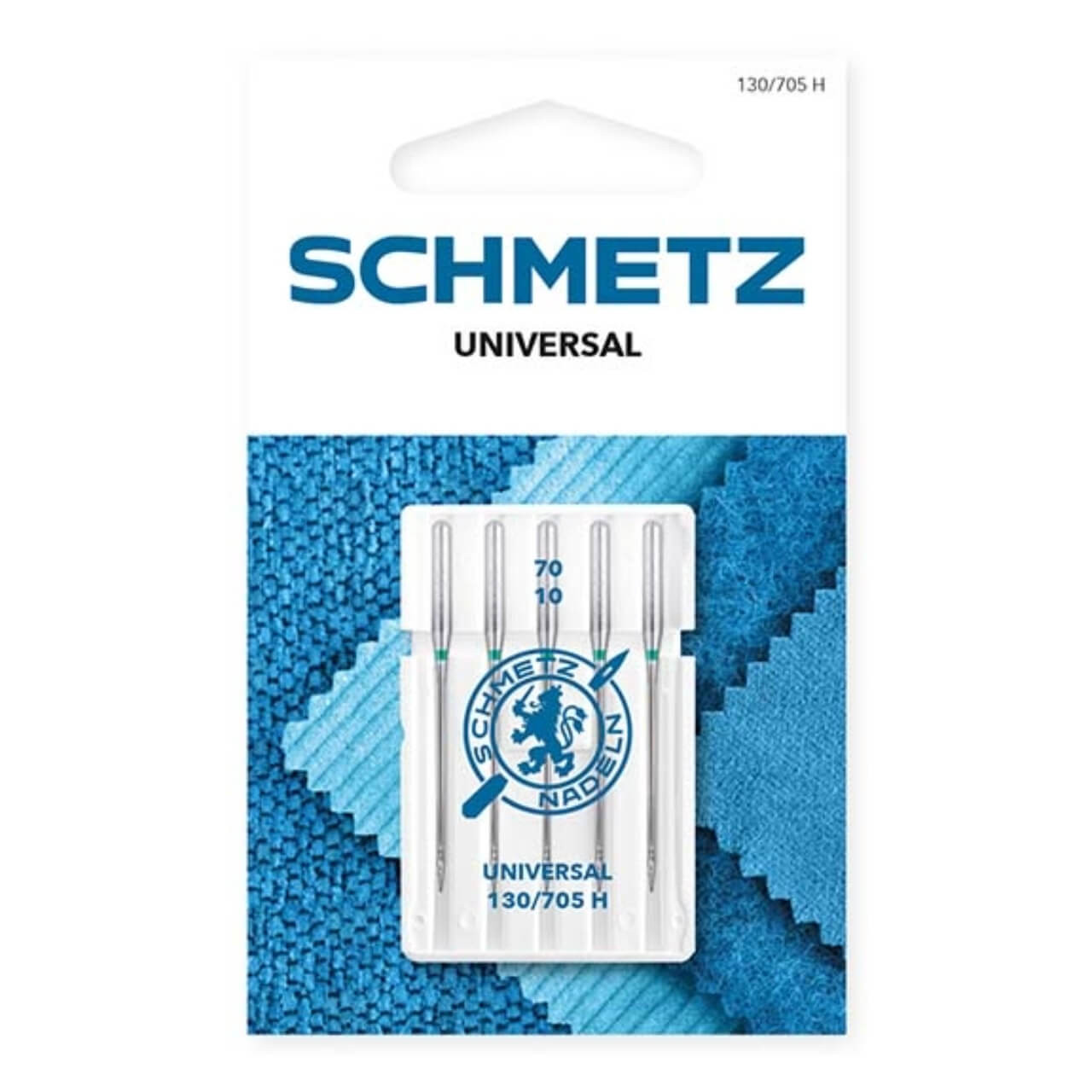 Schmetz Universal Needles Size 70/10 pack containing 5 needles, designed for lightweight fabrics like silk and light cotton, displayed on a blue textured background.