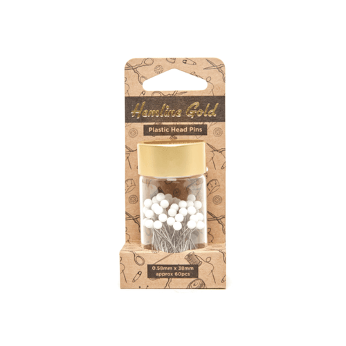 Hemline Gold White Plastic Head Pins in package