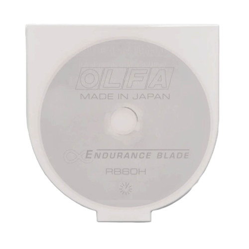 OLFA 60mm RB60H Endurance Rotary Blade in a transparent protective case, showcasing the blade's markings and branding