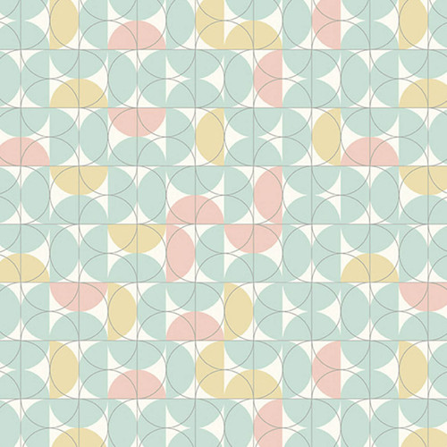 Sea Glass Keyline: Perfect for Quilting Enthusiasts -  features a structured layout of half circles in pale turquoise, yellow and pink against a white background