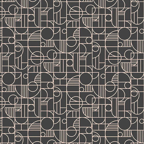 Discover the Shell Pink Gateway Fabric -  features a line-drawing grid of pale pink circles and semi-circles against a dark grey background