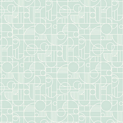 Crafting Calm: Sea Glass Gateway Fabric -  features a line-drawing grid of white circles and semi-circles against a pale turquoise background